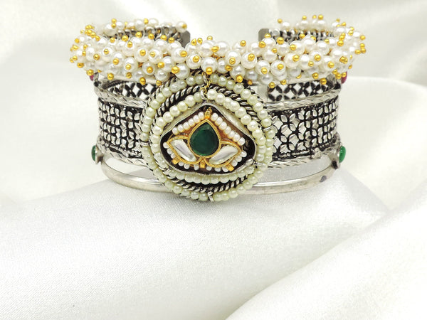 Oxidised Pearl Kundan Cuff Bangle with green accent and pearl detailing