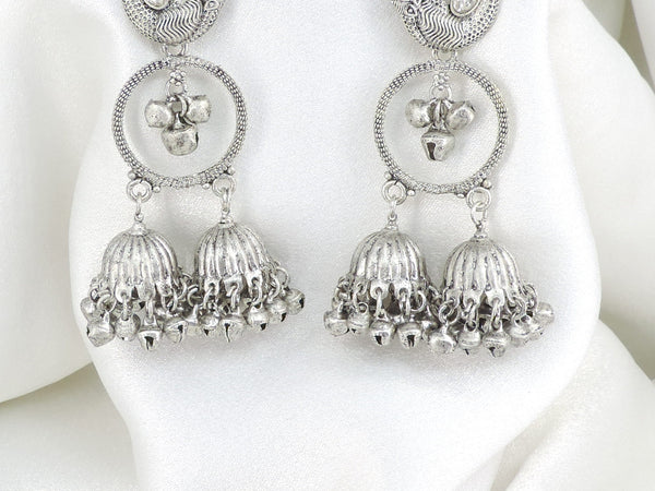Heavy oxidized silver peacock double jhumka earrings for Navratri and Garba by Joyrias