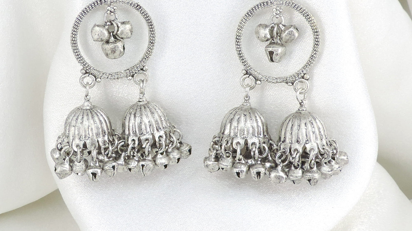 Heavy oxidized silver peacock double jhumka earrings for Navratri and Garba by Joyrias