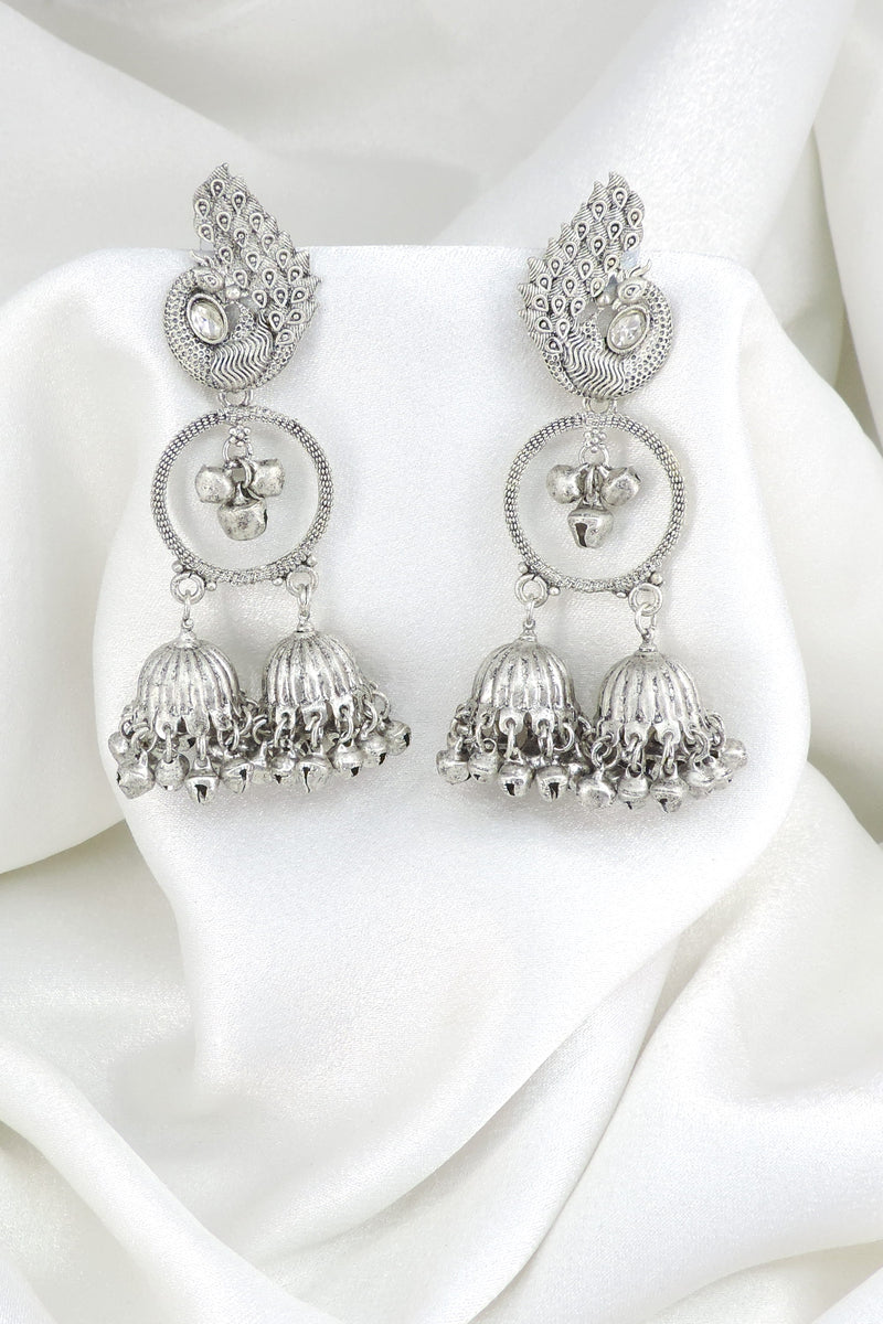 Heavy oxidized silver peacock double jhumka earrings for Navratri and Garba by Joyrias