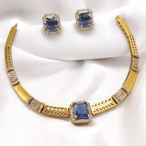 Blue CZ AD necklace with matching earrings and gold-tone detailing by joyrias