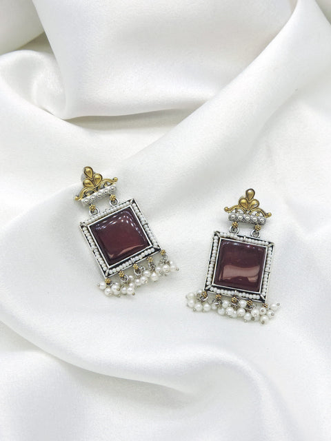 Oxidized Dual-Tone Black Square Pearl Drop Earrings