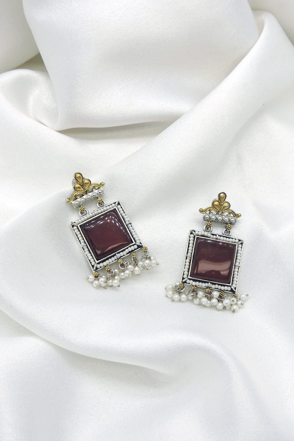 Oxidized Dual-Tone Black Square Pearl Drop Earrings