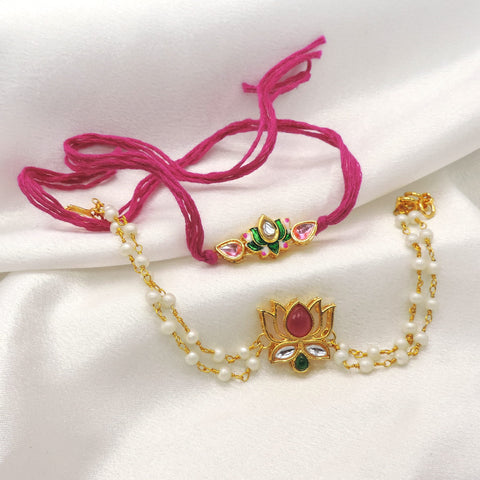 Kundan lotus bhaiya bhabhi rakhi set with pearl chain bhabhi rakhi by Joyrias