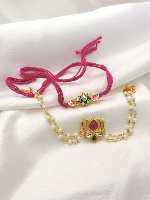 Kundan lotus bhaiya bhabhi rakhi set with pearl chain bhabhi rakhi by Joyrias
