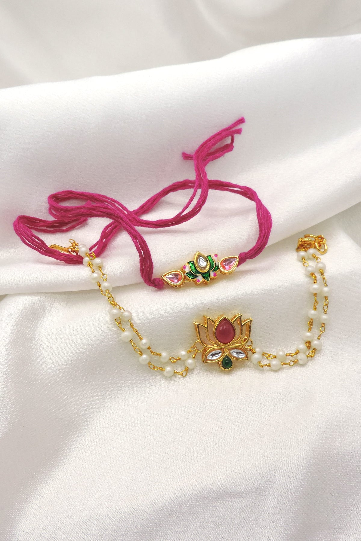 Kundan lotus bhaiya bhabhi rakhi set with pearl chain bhabhi rakhi by Joyrias