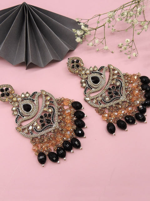 Antique gold plated black and peach Kundan chandelier earrings – Indian festive jewelry USA – Joyrias
