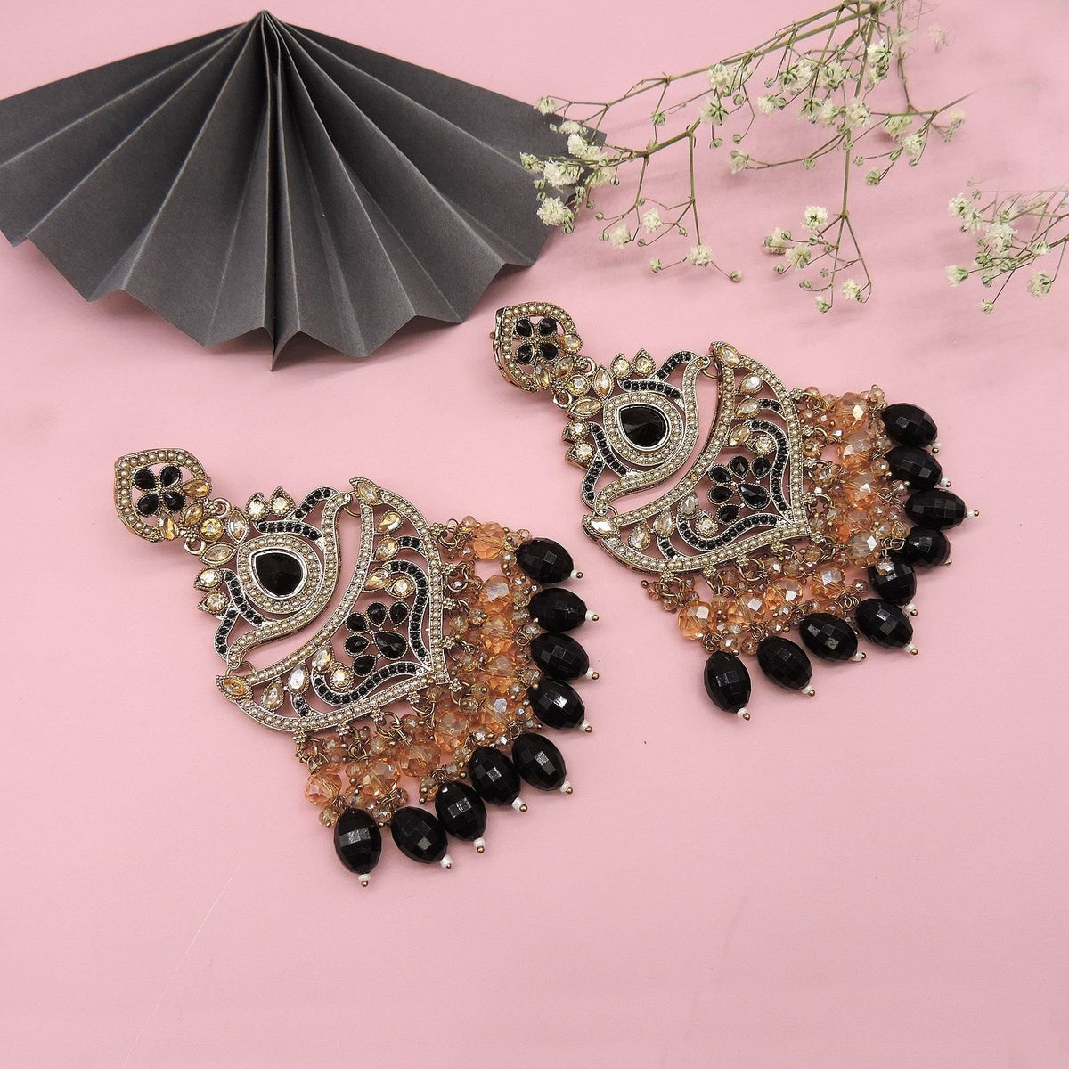 Antique Gold-Plated Black & Peach Kundan Chandelier Earrings Image 0