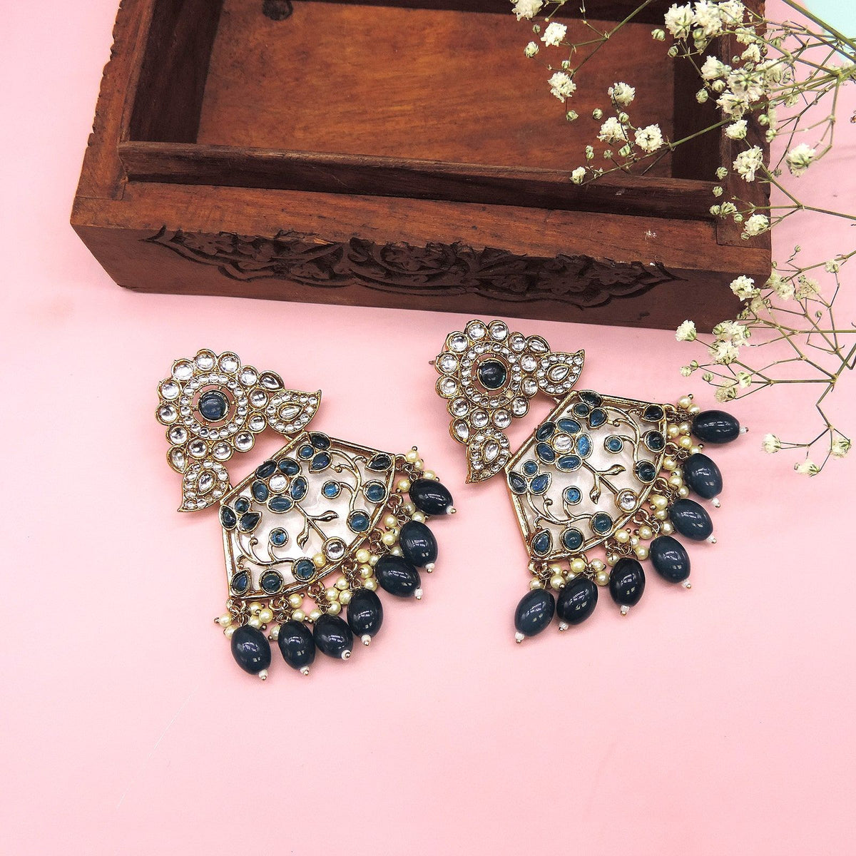Royal blue Kundan statement earrings – Indian bridal earrings for weddings and festivals USA – Joyrias