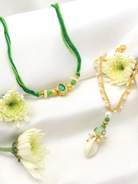 Emerald teardrop cowrie pearl bhaiya bhabhi rakhi set by Joyrias