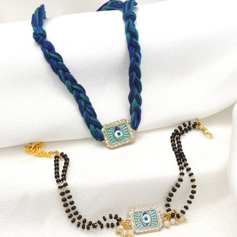 Evil eye bhaiya bhabhi rakhi set with CZ border and black bead chain by Joyrias