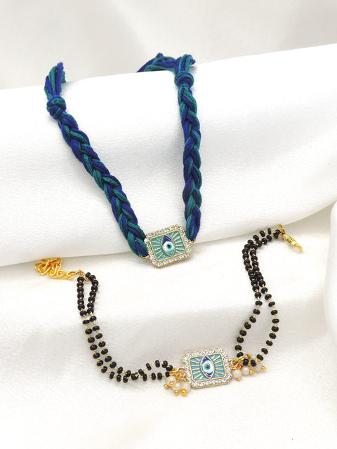 Evil eye bhaiya bhabhi rakhi set with CZ border and black bead chain by Joyrias