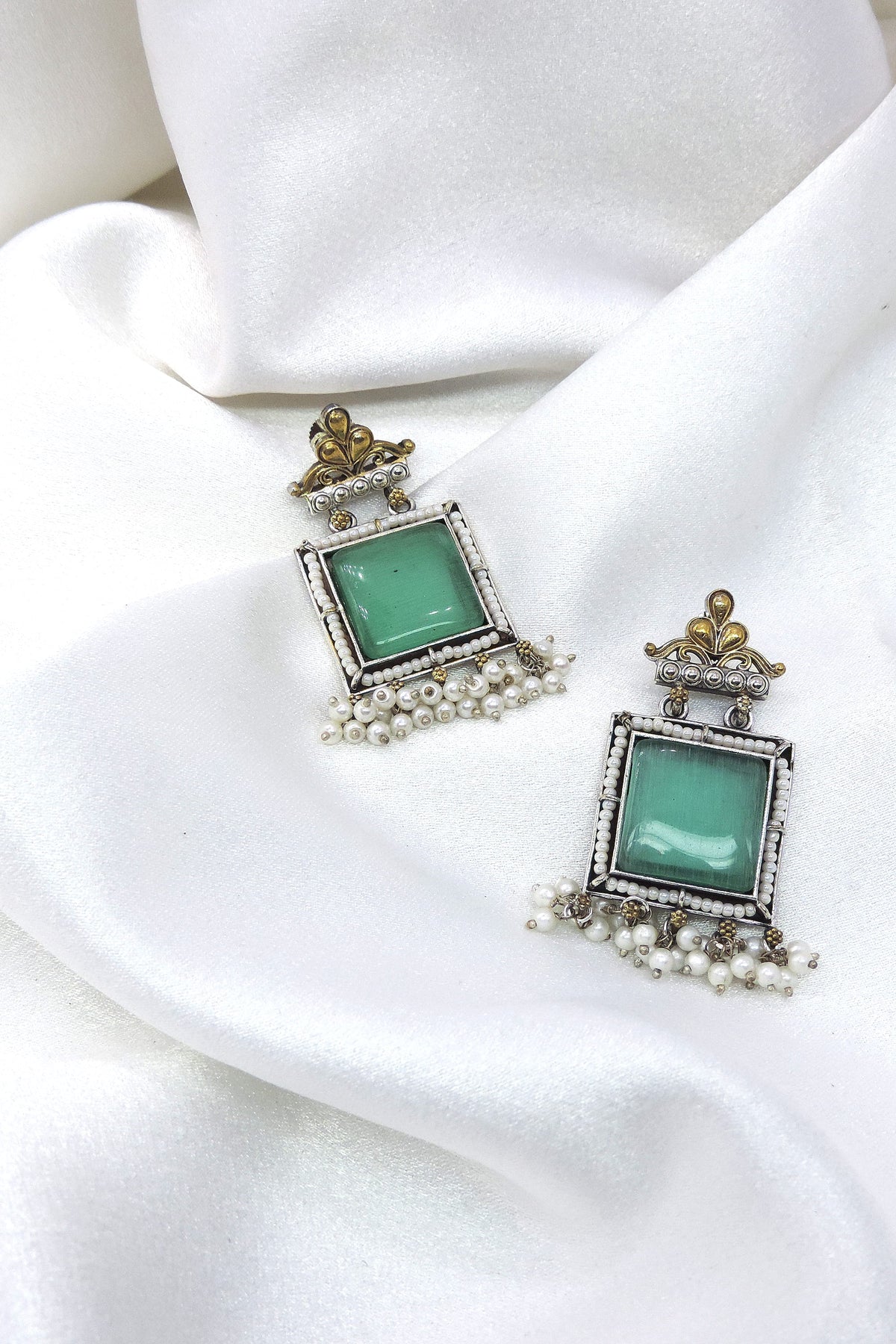 Oxidized Dual-Tone Black Square Pearl Drop Earrings