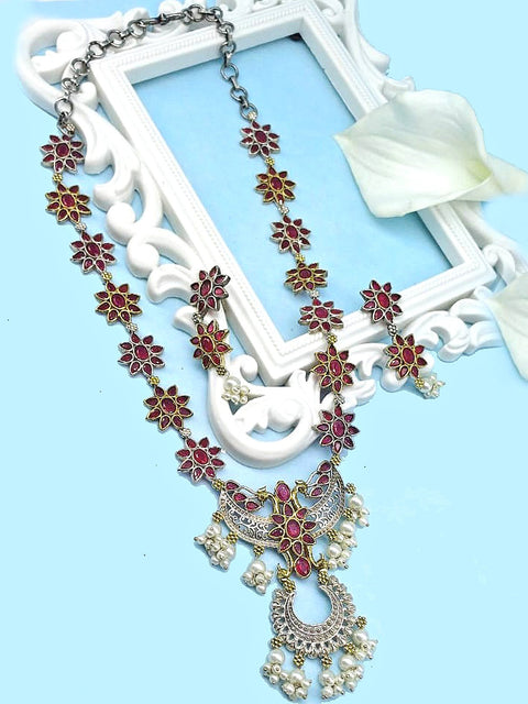 Rubans silver plated red stone long necklace – Indian statement necklace set USA – Joyrias