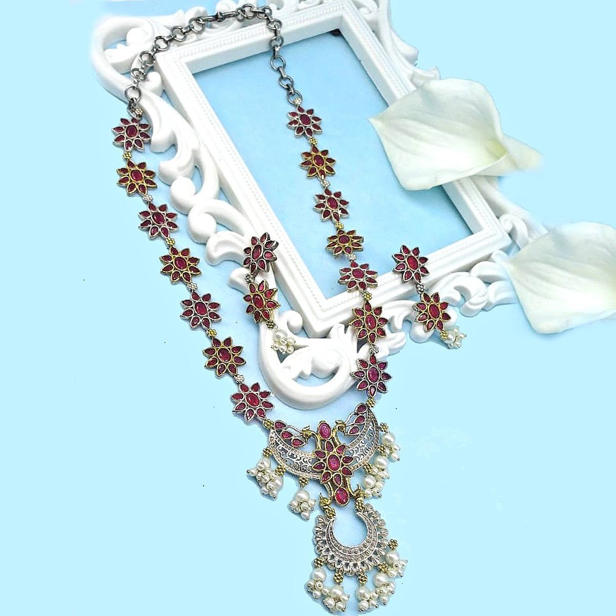 Rubans silver plated red stone long necklace – Indian statement necklace set USA – Joyrias