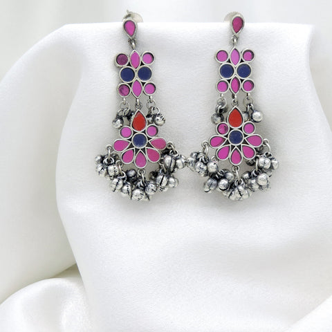 Oxidized silver multicolor floral long drop earrings with pink blue and red stone detailing by joyrias