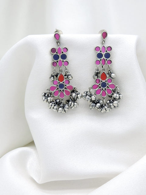 Oxidized silver multicolor floral long drop earrings with pink blue and red stone detailing by joyrias