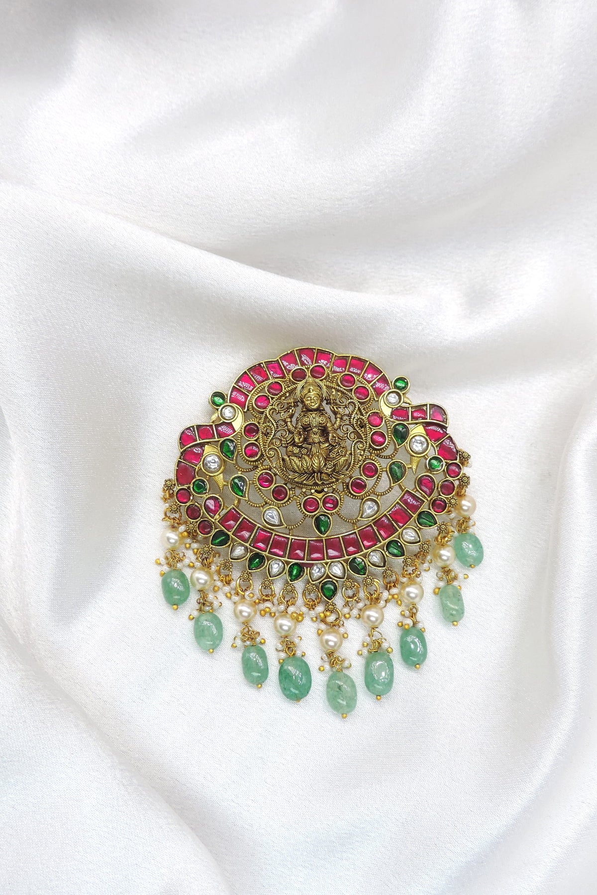 Lakshmi Pink Green Temple Pendant by Joyrias