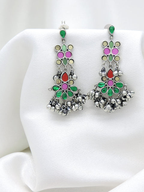 Oxidized Silver Multicolor Floral Long Drop Earrings