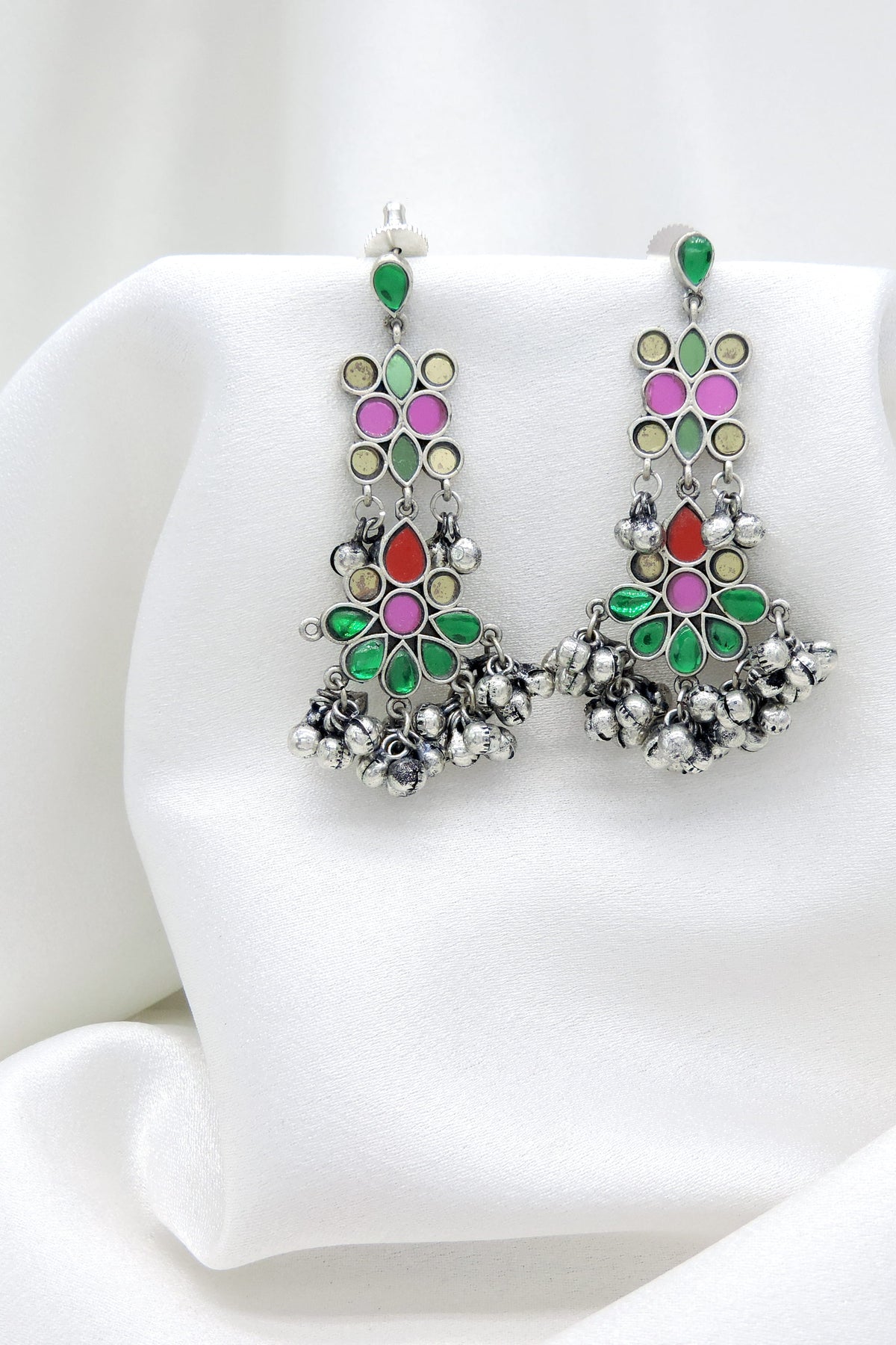 Oxidized Silver Multicolor Floral Long Drop Earrings