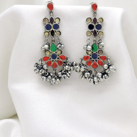 Oxidized Silver Multicolor Floral Long Drop Earrings
