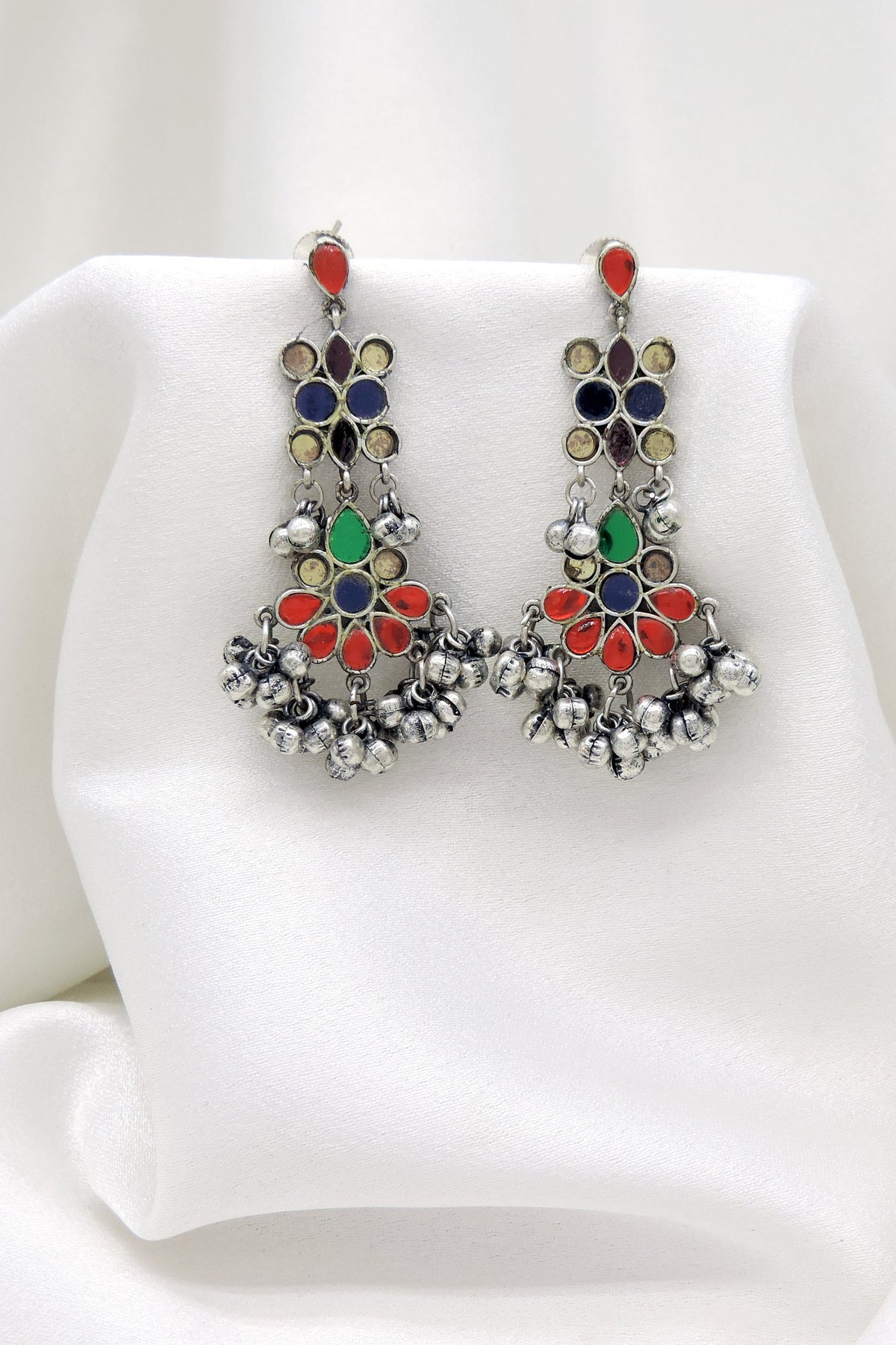 Oxidized Silver Multicolor Floral Long Drop Earrings