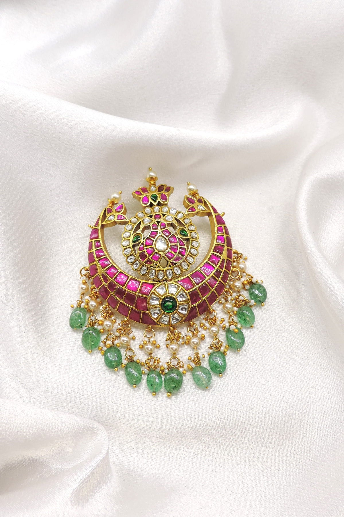 Ornate Pink Green Jadau Pearl Jewelry Set by Joyrias
