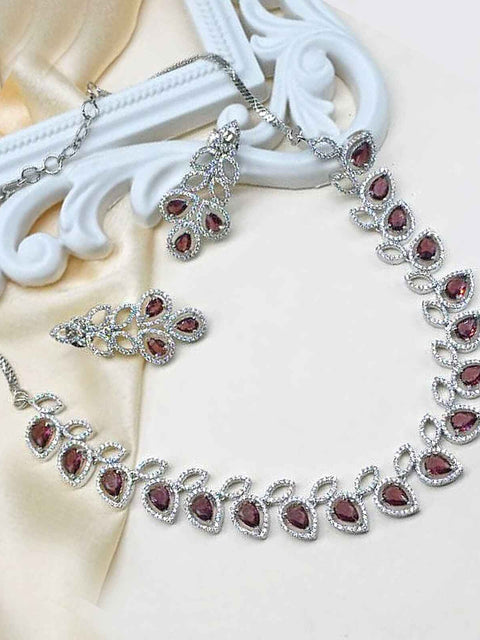 AD necklace set in silver tone with brown stone – Indian American diamond necklace USA – Joyrias