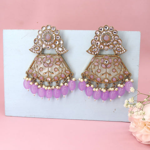 Lavender Kundan and pearl chandelier earrings – Indian ethnic statement jewelry USA – Joyrias