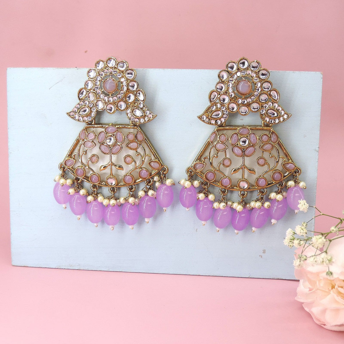 Lavender Kundan and pearl chandelier earrings – Indian ethnic statement jewelry USA – Joyrias