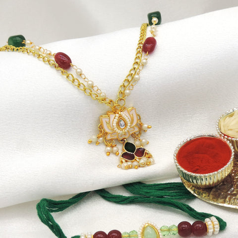 Meenakari lotus bhaiya bhabhi rakhi set with pearl drops and beaded chain by Joyrias