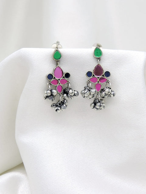 Oxidized Silver Multicolor Floral Ghungroo Drop Earrings