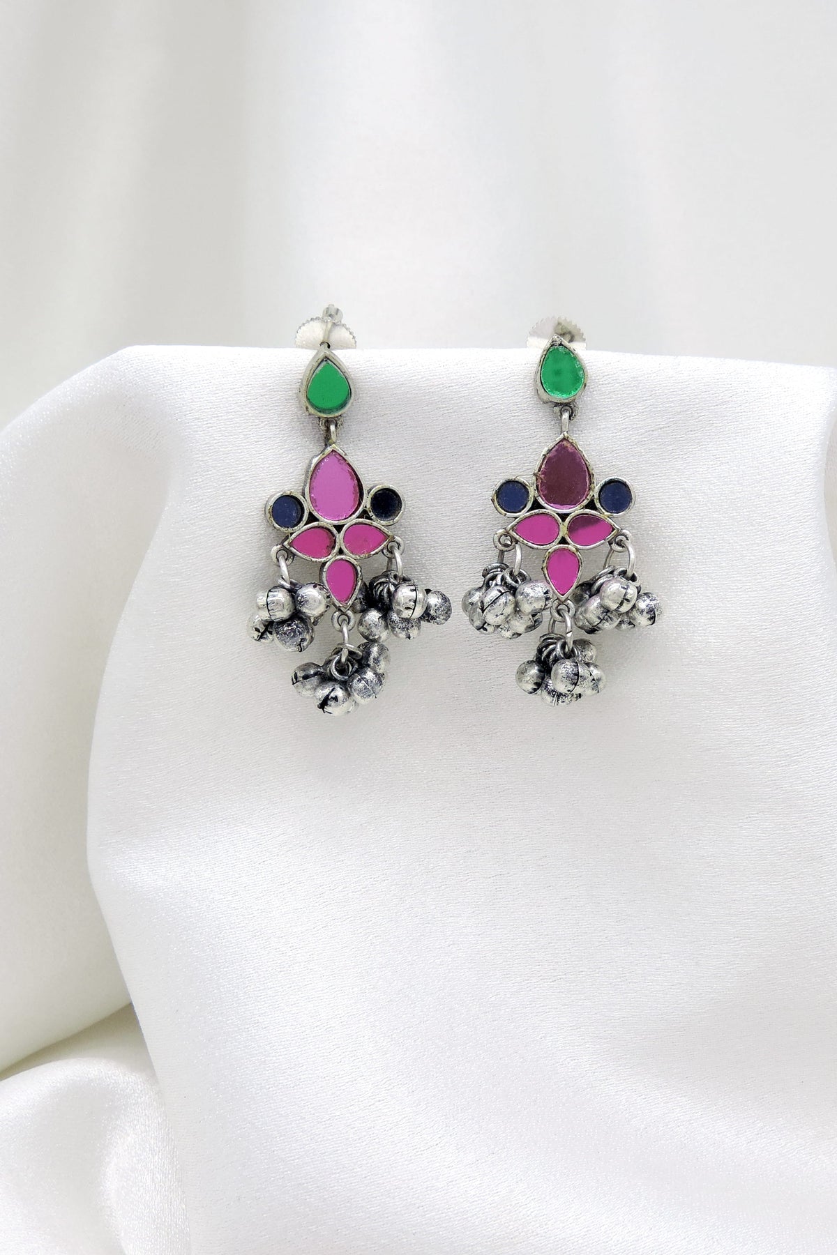 Oxidized Silver Multicolor Floral Ghungroo Drop Earrings