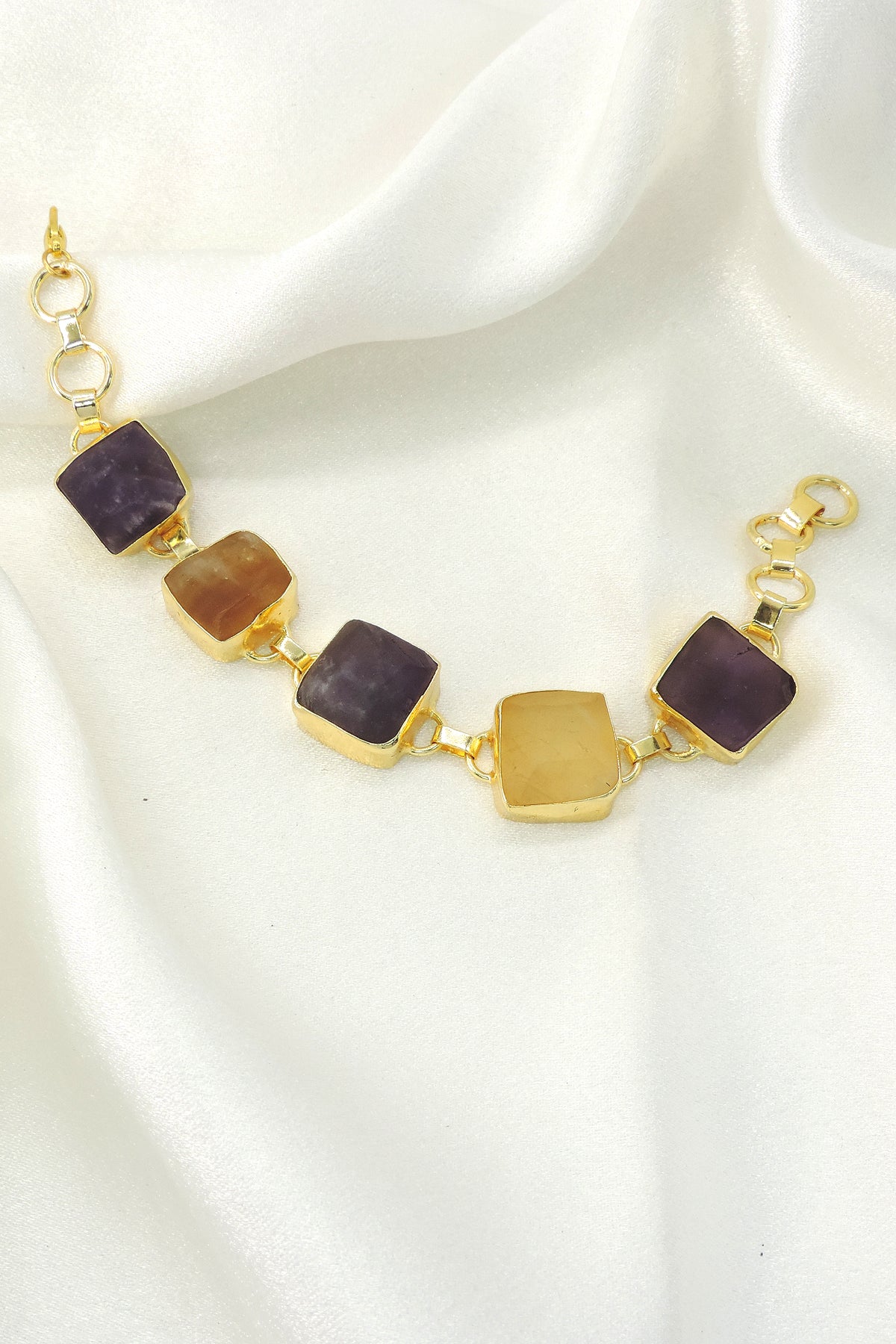 Raw Amethyst & Quartz Gemstone Bracelet | Handmade Gold Plated Jewelry
