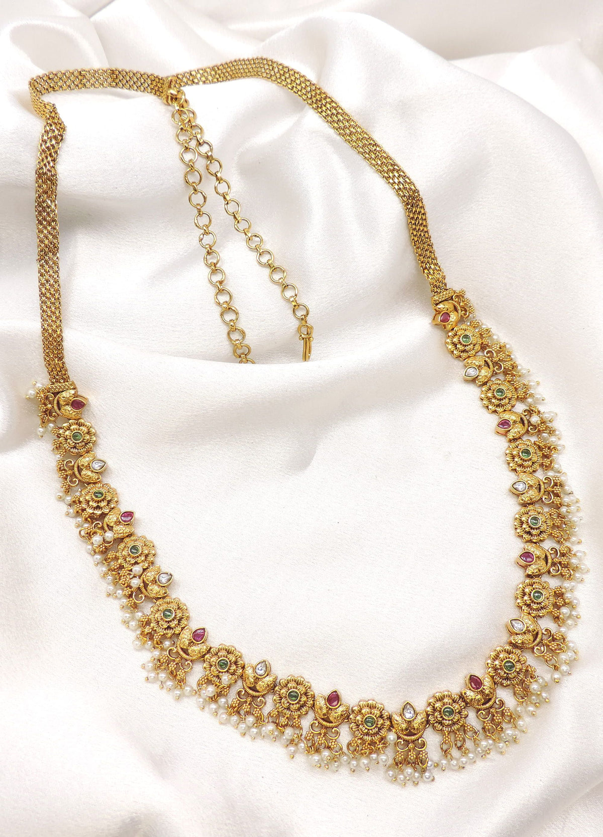 Floral Green Pink Pearl Necklace by Joyrias