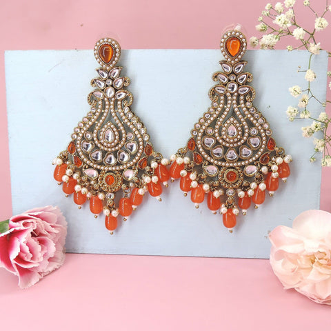 Orange Kundan & Pearl Chandelier Earrings ? Festive Statement Jewelry Image 0