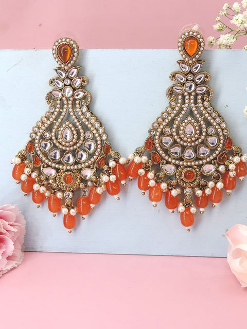 Orange Kundan and pearl chandelier earrings – Indian festive statement jewelry USA – Joyrias