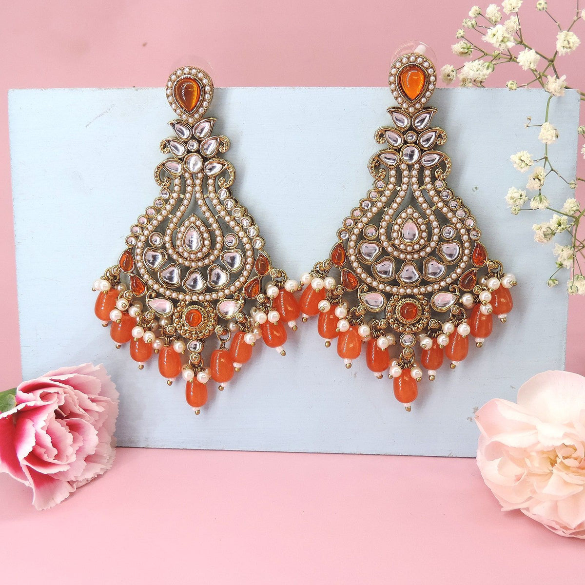 Orange Kundan & Pearl Chandelier Earrings ? Festive Statement Jewelry Image 0