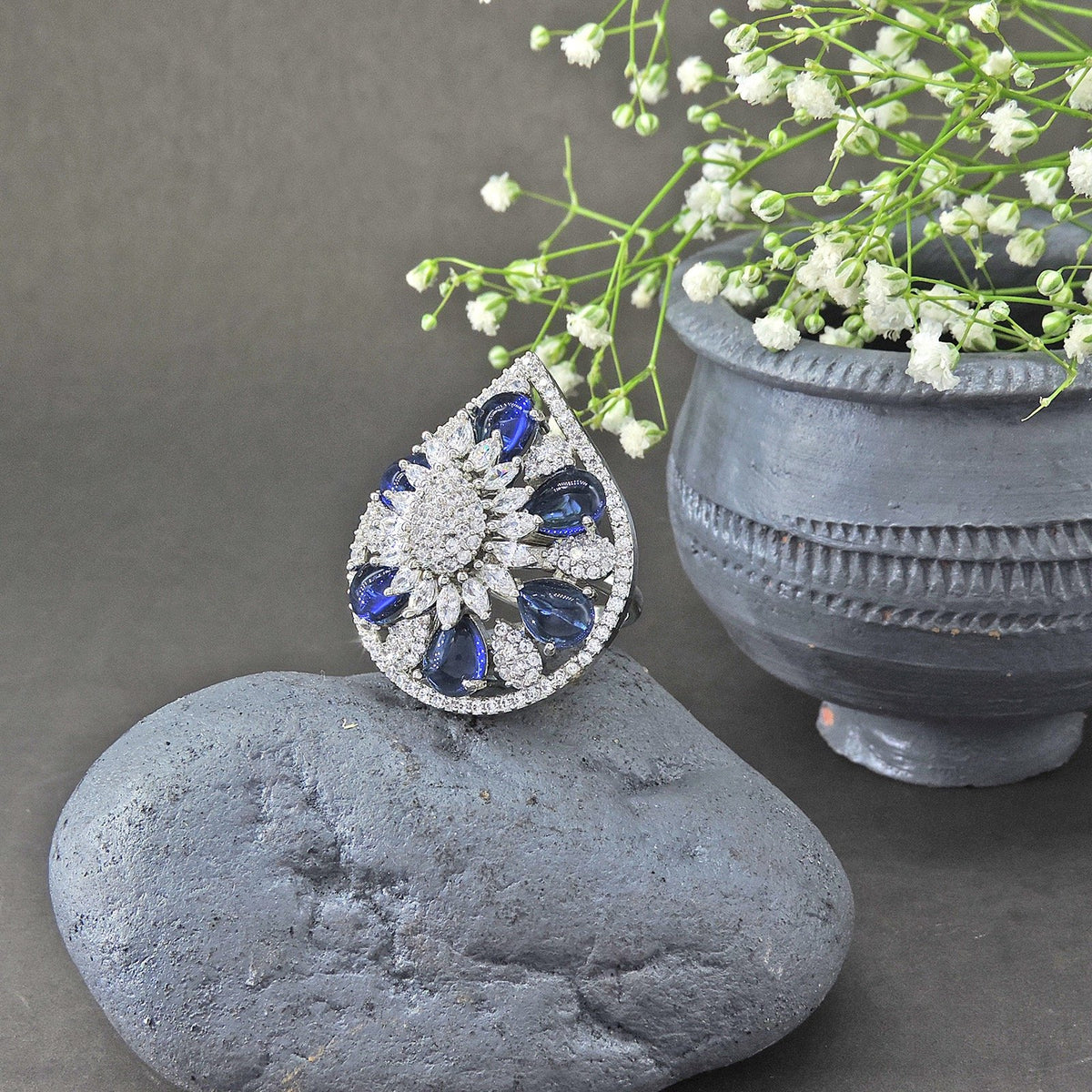 AD ring with blue stone – Indian American diamond ring for women USA – Joyrias
