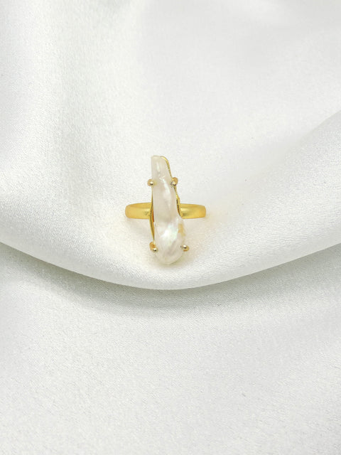 Gold Plated Baroque Pearl Ring | Elongated Statement Ring | Joyrias