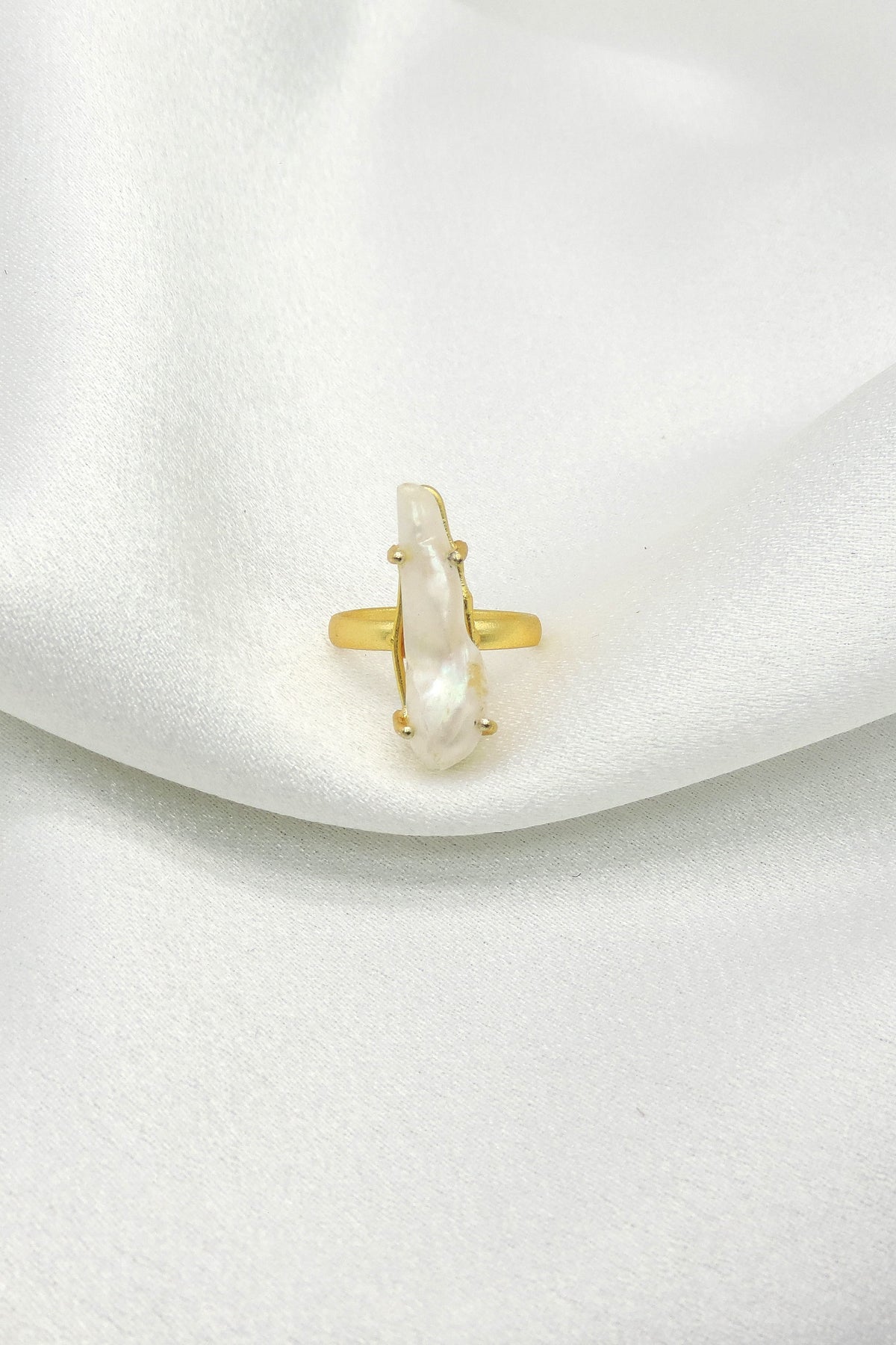 Gold Plated Baroque Pearl Ring | Elongated Statement Ring | Joyrias