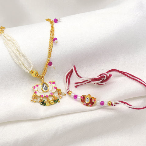 Lotus kundan meenakari pearl bhaiya bhabhi rakhi set by Joyrias
