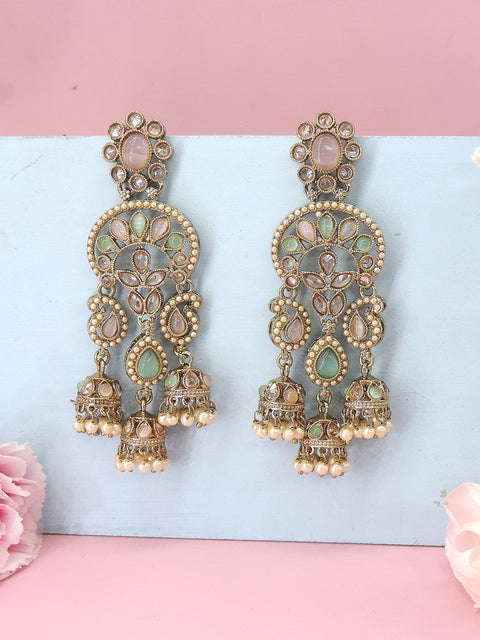 Pastel Kundan long chandelier earrings with jhumka drops – elegant Indian festive jewelry USA – Joyrias