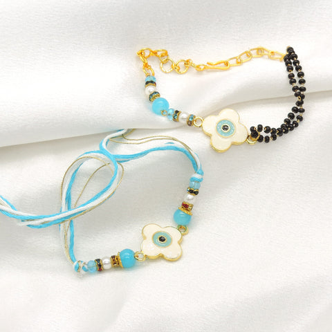 Floral evil eye turquoise mangalsutra bhaiya bhabhi rakhi set by Joyrias