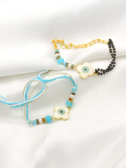 Floral evil eye turquoise mangalsutra bhaiya bhabhi rakhi set by Joyrias