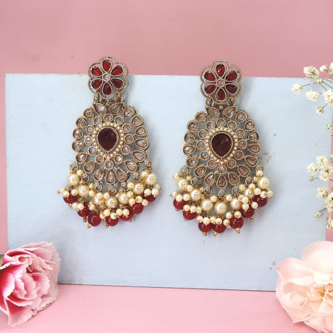 Maroon Kundan and pearl chandelier earrings – Indian bridal and festive jewelry USA – Joyrias