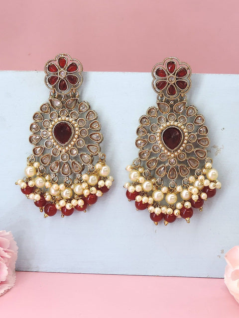 Maroon Kundan and pearl chandelier earrings – Indian bridal and festive jewelry USA – Joyrias