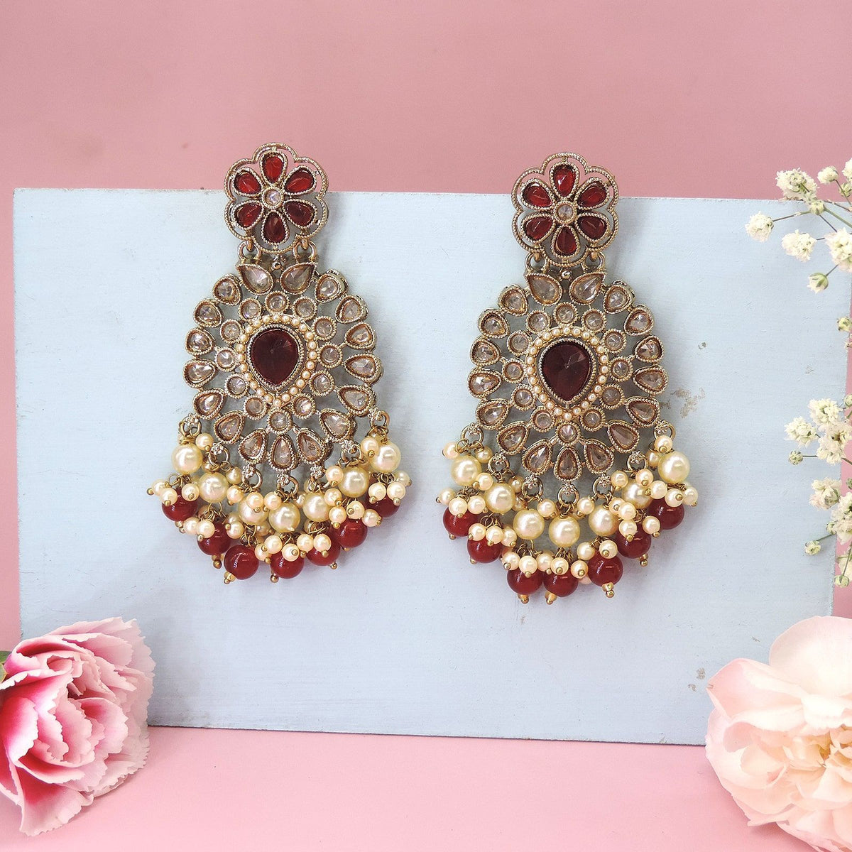 Maroon Kundan and pearl chandelier earrings – Indian bridal and festive jewelry USA – Joyrias