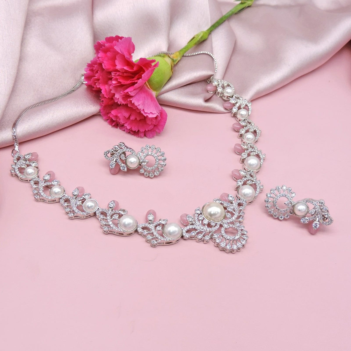 Pearl elegance silver plated necklace set – Indian silver pearl necklace USA – Joyrias