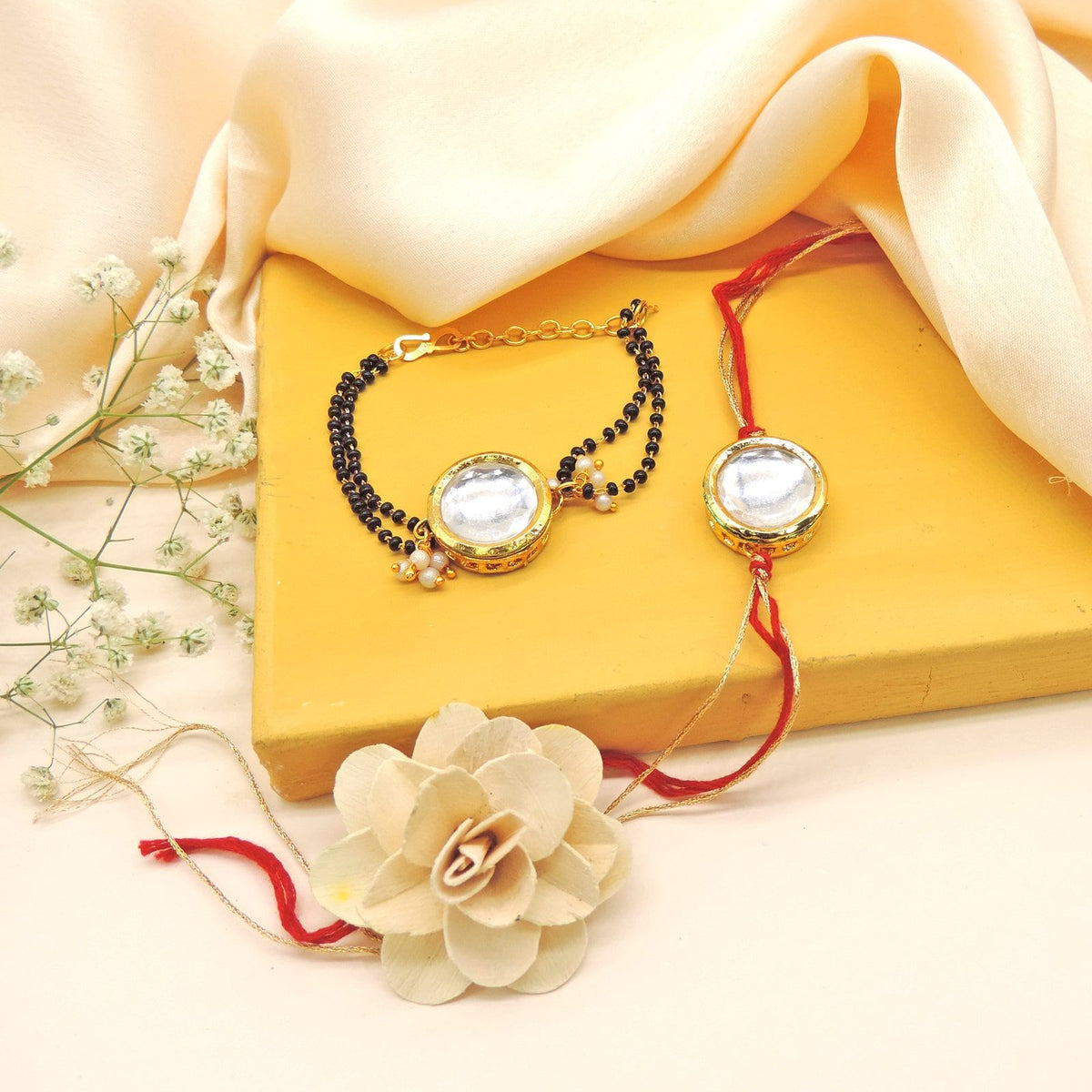 Kundan Circle Bhaiya Bhabhi Rakhi Set by Joyrias